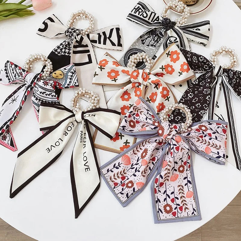 Girls Women Hair Accessories Bow Knot Pearls Hair Tie Elastic Band Fashion Elastic Scrunchi Pearl Scrunchies with Long Ribbon