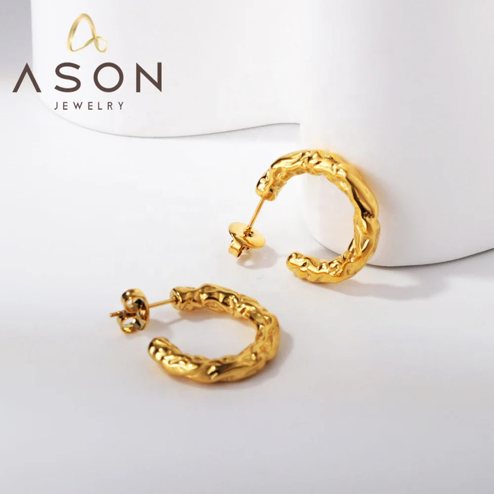 Ason Fashion Jewelry Stainless Steel Waterproof Earrings 18K Gold Plated Uneven Open Half Round Hoop Earrings for Women