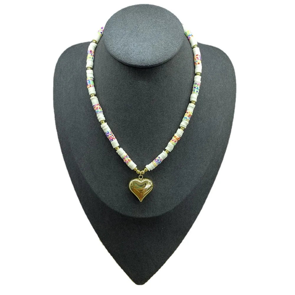Boho Beach Heart Pendant 6mm Soft Polymer Clay Bead Beaded Charm Fashion Jewellery Necklace Women Bohemian