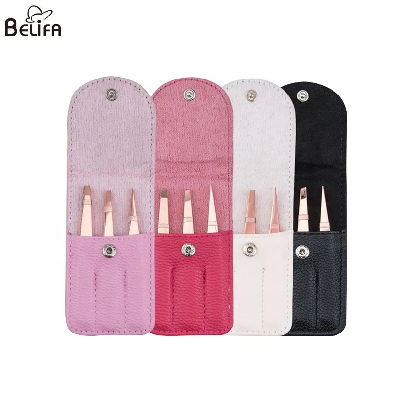 3pcs Black pink Stainless Steel Applicator Pointed Eyebrow Tweezers Kit Set with Pu case