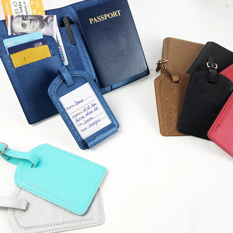 Promotion 2 in 1 Multi Functions Manual Cross Pattern Portable PU Leather Passport Cover Guard Solid Luggage Tag Traveling Set