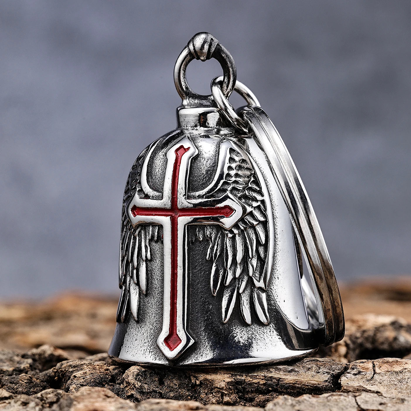 RTS Motorcycle Biker Bells Stainless Steel Angel Wing Cross Guarding Keychain Hanger Good Luck Bells