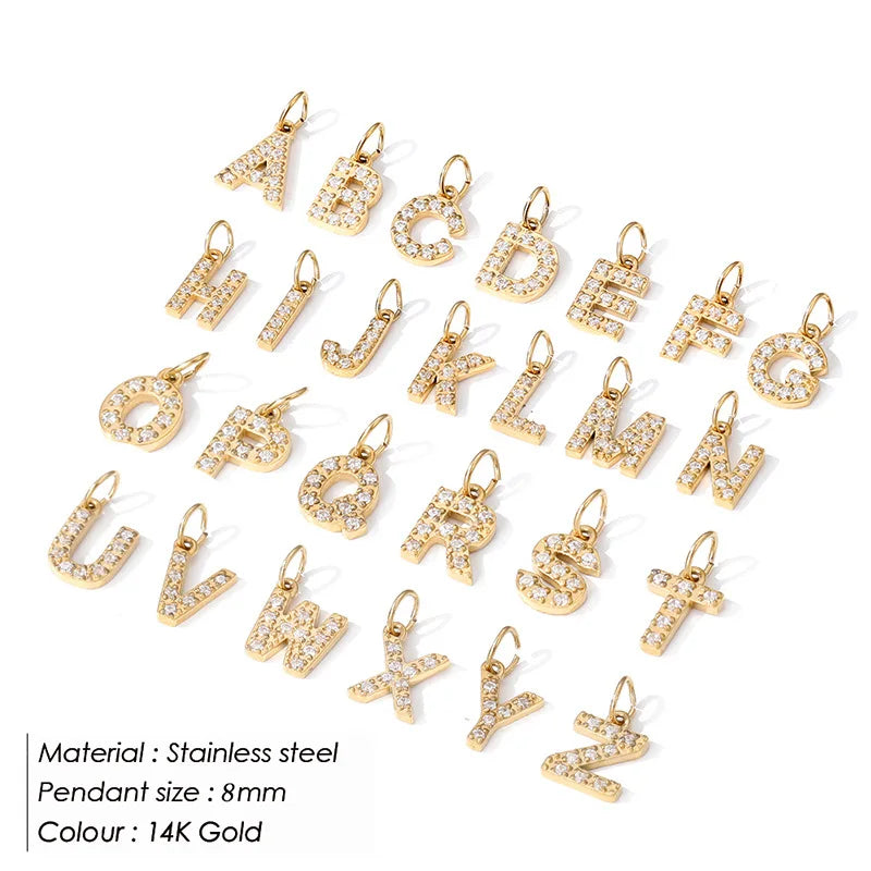 Custom 14K Gold Full Diamond Initial Alphabet Letter A-Z Small Charms Pendant 8 mm Stainless Steel Jewelry Findings & Components