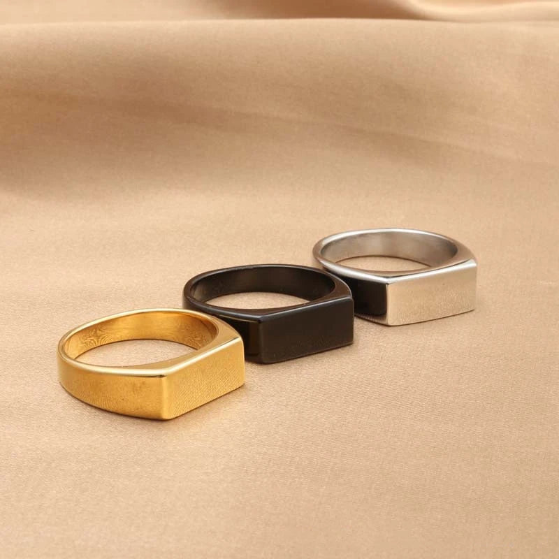 Fashion Jewelry Titanium Gold Plated Black Men's 7mm Blank Rectangle Classic Simple Design Engagement Ring Gift Wholesale