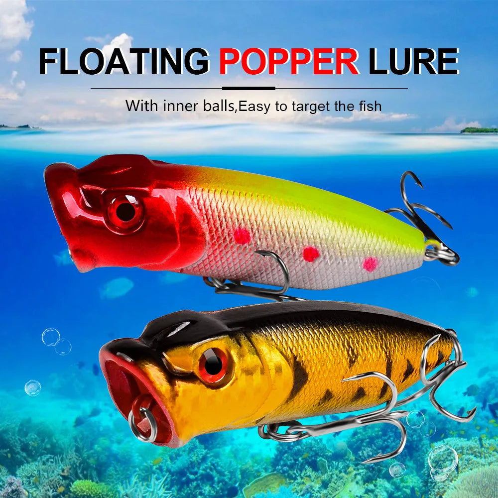 ABS Popper Lure Floating Topwater Bream Bass Sea Fishing Saltwater Treble Hooks 3D Eyes