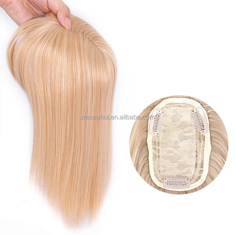 Wholesale Price Natural Black Silk Base Top Hairpiece Clip in Synthetic Hair Topper for Thinning Hair Women