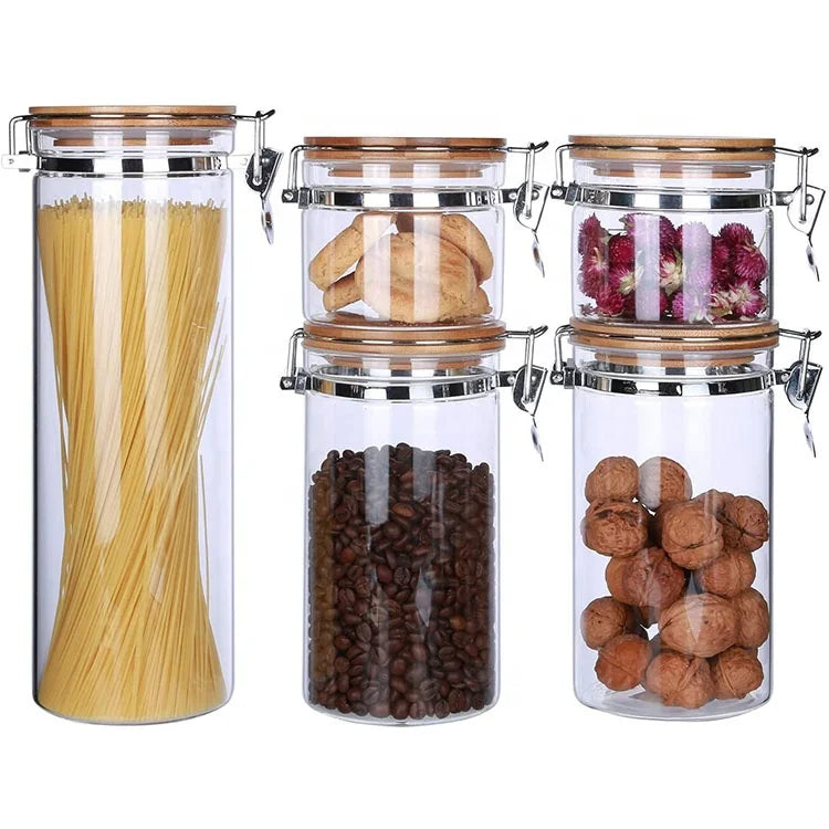 New Design Custom Private Label Logo Large Air Tight Kitchen Food Storage Glass Storage Jar Set with Bamboo Clip Lids