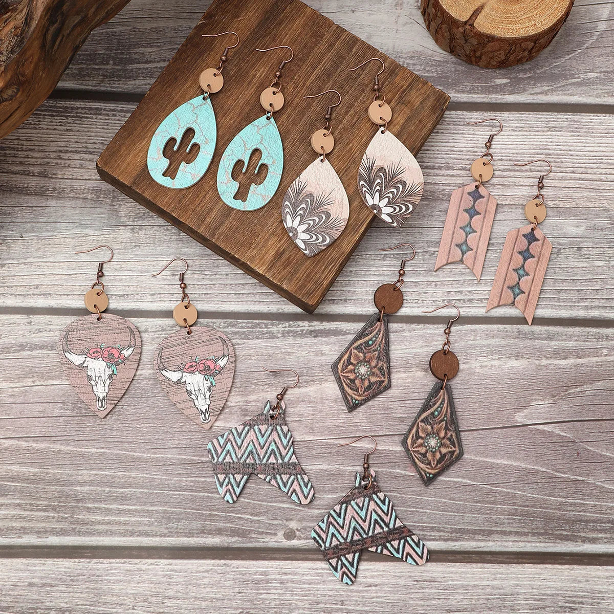 Western Style Wooden Pendant Earrings Personalized Hollowed Out Cactus Cow Head Pattern Irregular Shape Earrings Wholesale