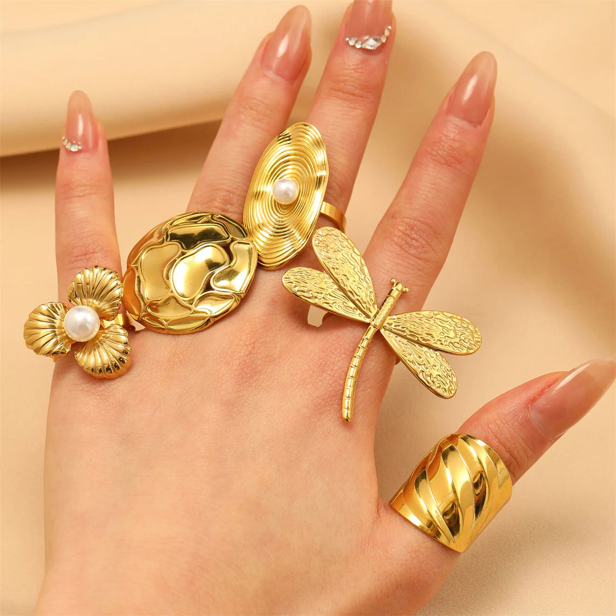 Hyperbole Stainless Steel Large Flower/Dragonfly Rings for Women Trendy Ladies Finger Ring 2025 Female Fashion Hand Jewelry Gift