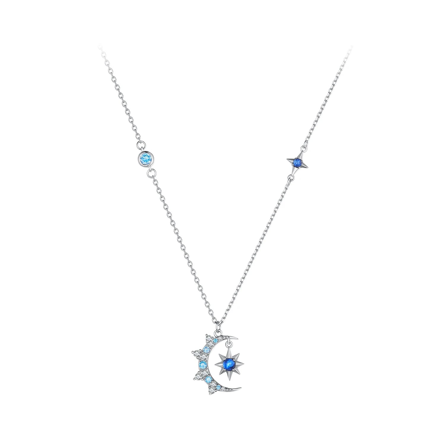 925 Sterling Silver Star and Moon Pendant Necklace Forever Love Neck Chain for Women Valentine's Day Fine Jewelry Gift BSN347