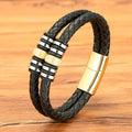Personalized Double Layer Stainless Steel Weave Two Ring Black Magnetic PVD Black Clasp Leather Bracelet for Men PH1502