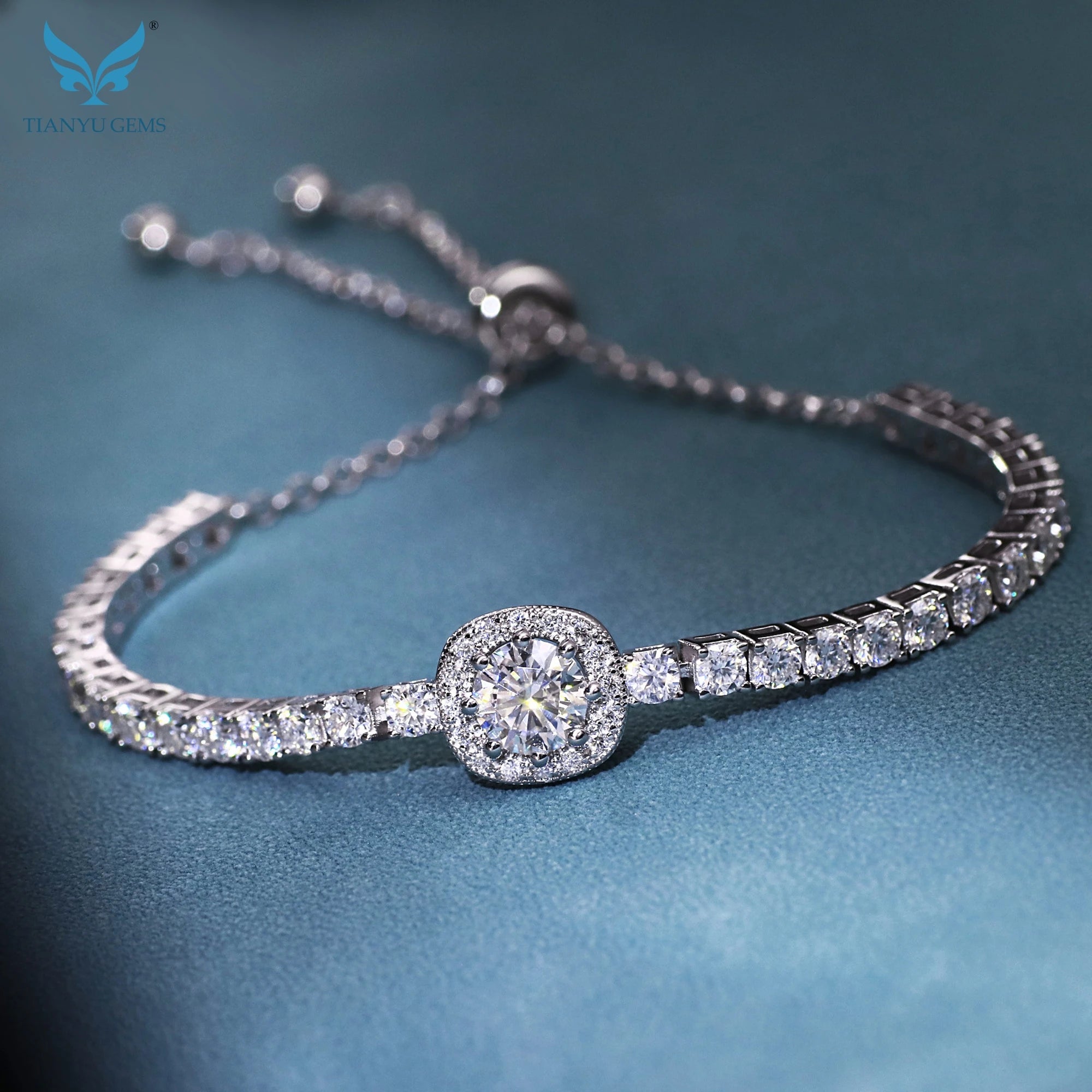 Tianyu Gems Silver Mossanite Bracelet Adjustable Round VVS 6.5MM 1ct S925 Moissanite 18k White Gold Plated Tennis Bracelet