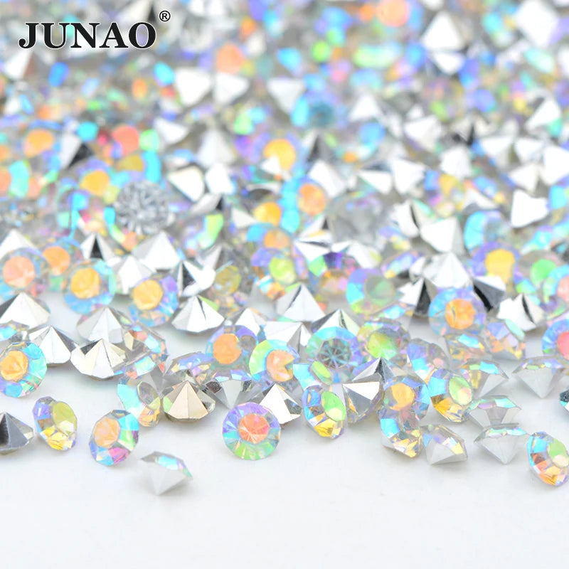 JUNAO Wholesale SS7 SS8 SS10 SS20 SS28 Crystal AB Diamond Strass Pointback Resin Rhinestone for Garment
