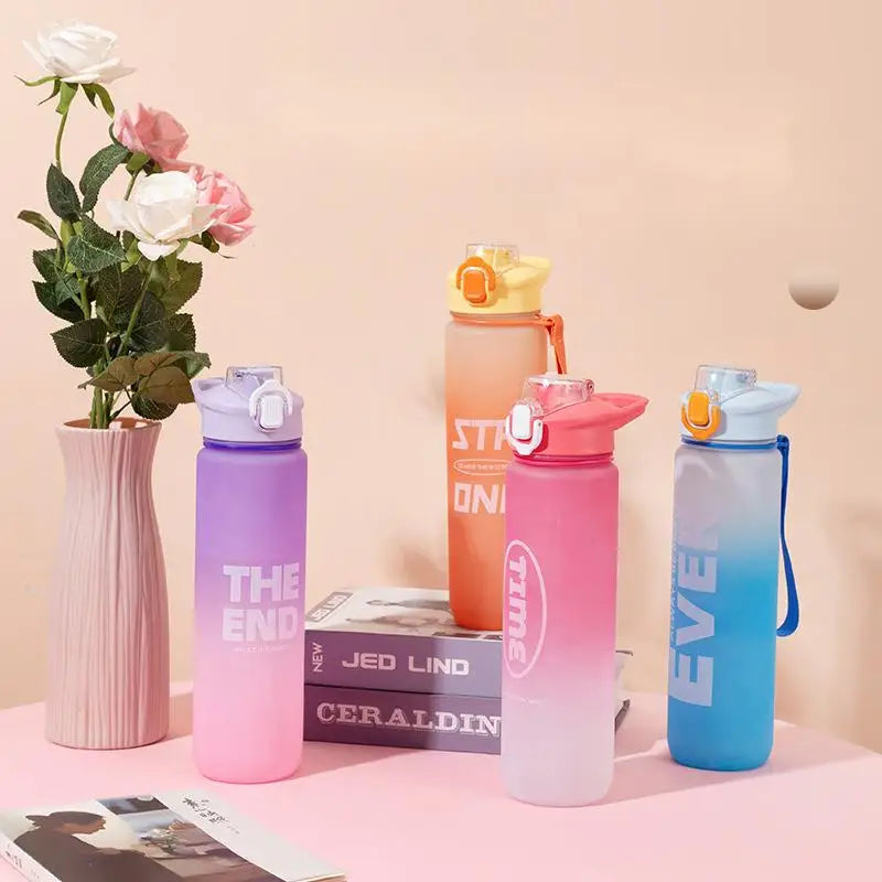 New Design 1000ML/1L Portable Outdoor Drinking Bottle with Plastic Lid Gradient Color Sports Motivational Water Bottle Camping