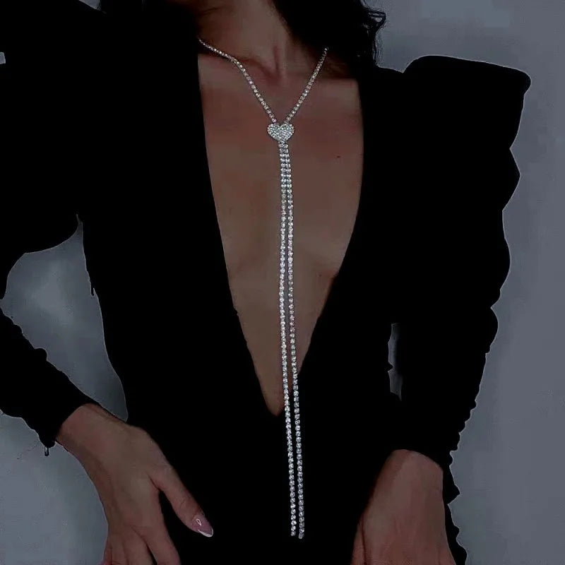 Full Diamond Heart Long Tassel Collarbone Necklace for Women Shiny Crystal Necklace for Ladies' Parties and Evening Banquets
