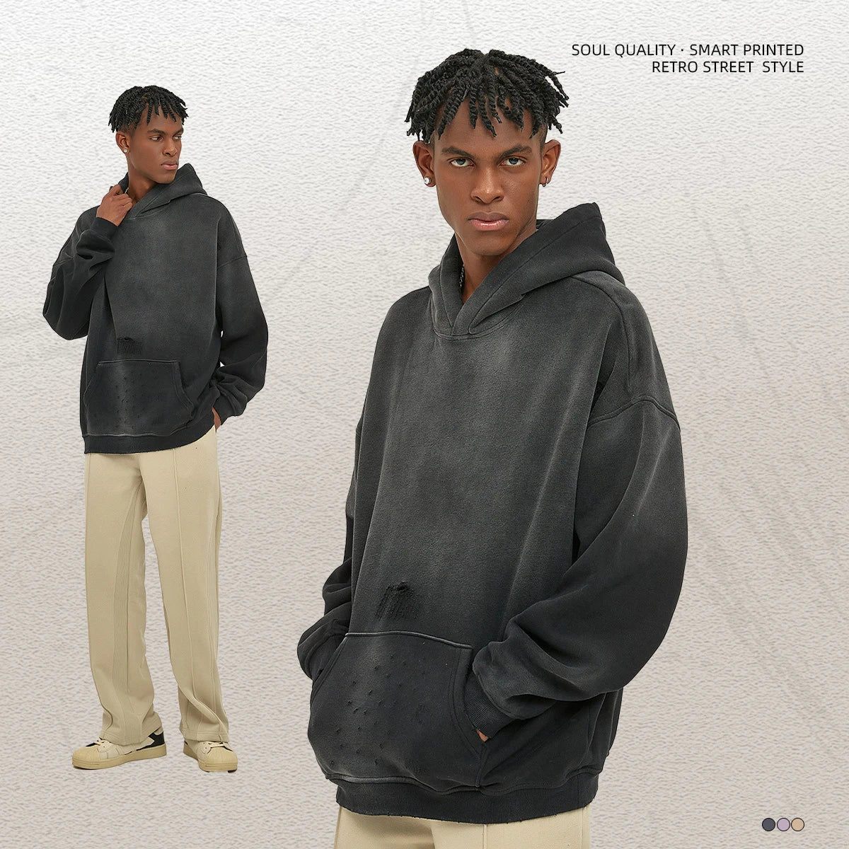 360g Washed and Worn Out Edge Fashion Brand Hoodie Men's Vintage Loose Blank Hoodie Pattern Logo Customization