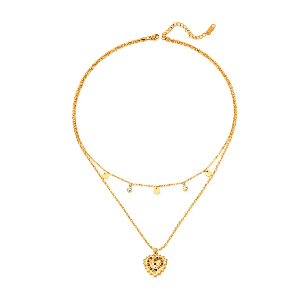 Women Accessories Stainless Steel Double Layers Cubic Zircon CZ Heart Necklace