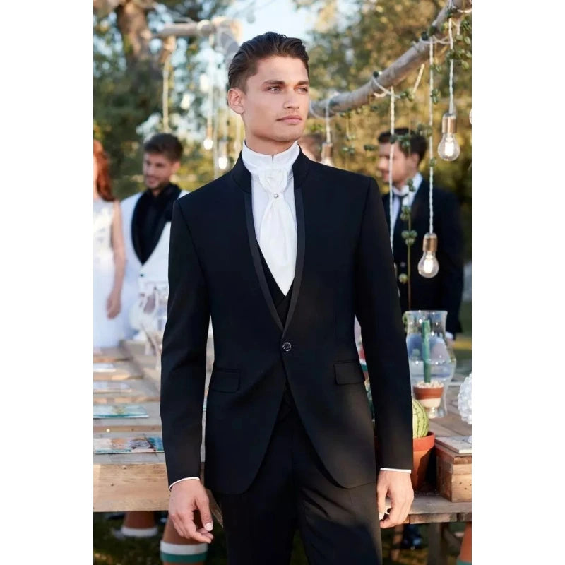 Costume Homme Black Stand Collar Men Suits Wedding Tuxedos Terno Masculino Slim Fit Groom Blazer 3 Pieces Jacket+Pant+Vest