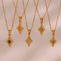 Dreamshow Engraved Rhombic Colorful Man-made Opal Pendant Necklace 18K Gold Plated Stainless Steel Necklace Jewelry