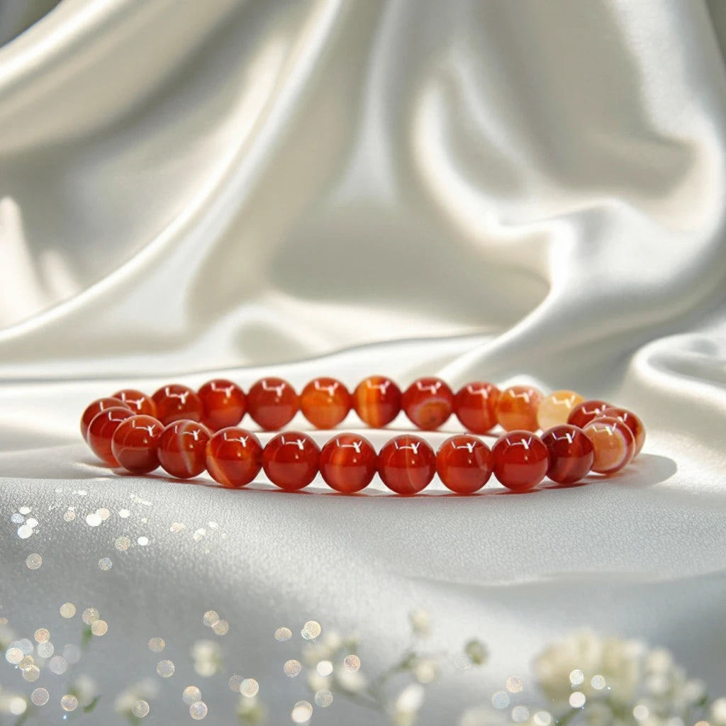Natural Polish Red Agate Semi-Precious Gemstone Bracelet Healing Crystal 8mm Round Beads Stretch Bracelet
