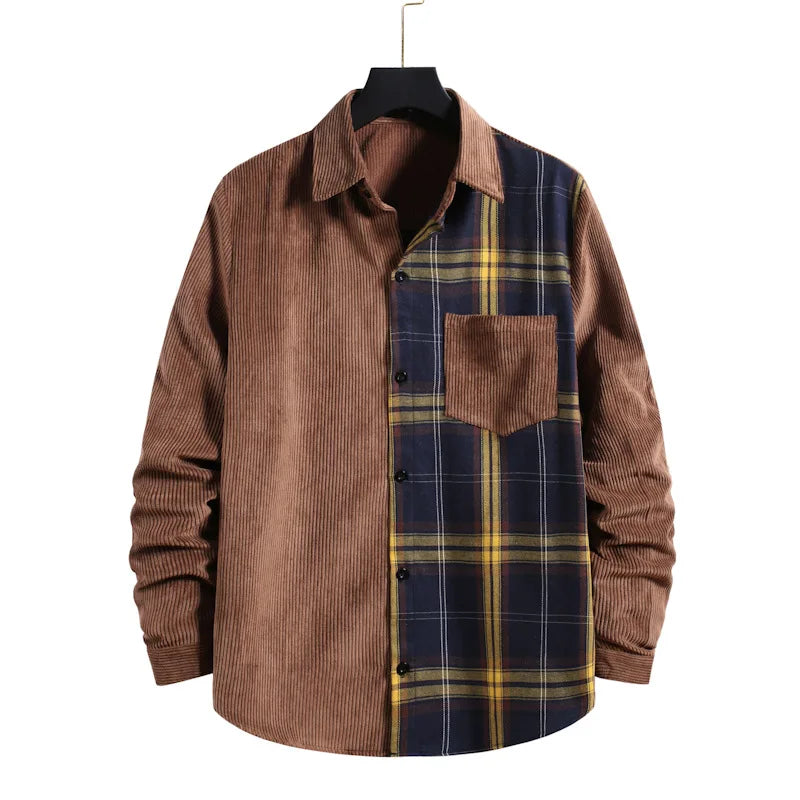 2023 New Design Long Sleeve Plaid Shirts Half Print Corduroy Shirt Custom Khaki Plaid Flannel Checkered Shirt for Men