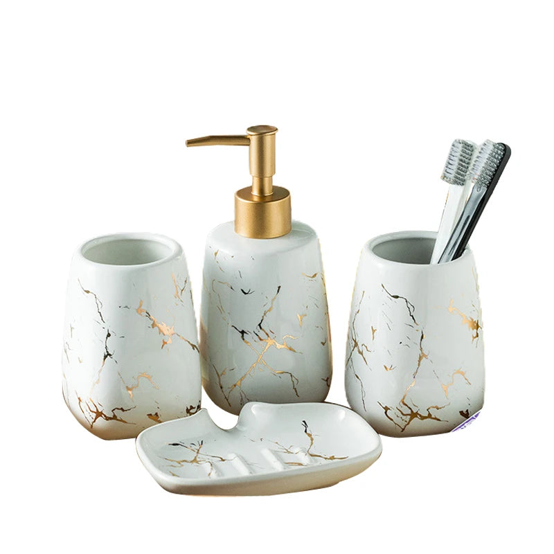 Green Marble Ceramics Customized Wholesale 4 Pieces Bathroom Accessory Home Bathroom Sets with Shower Soap Dish and Dispenser