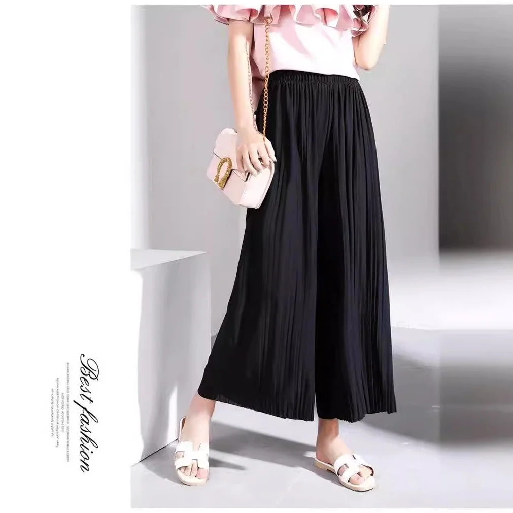 Lady Summer Loose Pants Thin Ankle Length Elastic Waist Pleated Wide Leg Women Casual Trousers