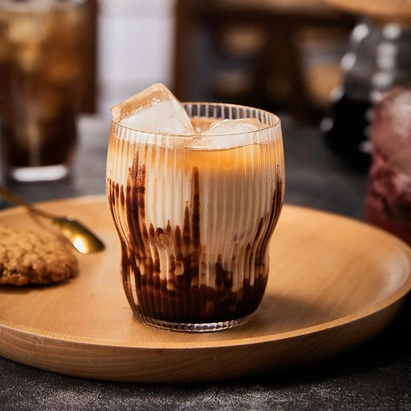 Chubby Crystal Glass Tea Cups Retro Handmade Latte Juice Water Cup Striped Cocktail Glass