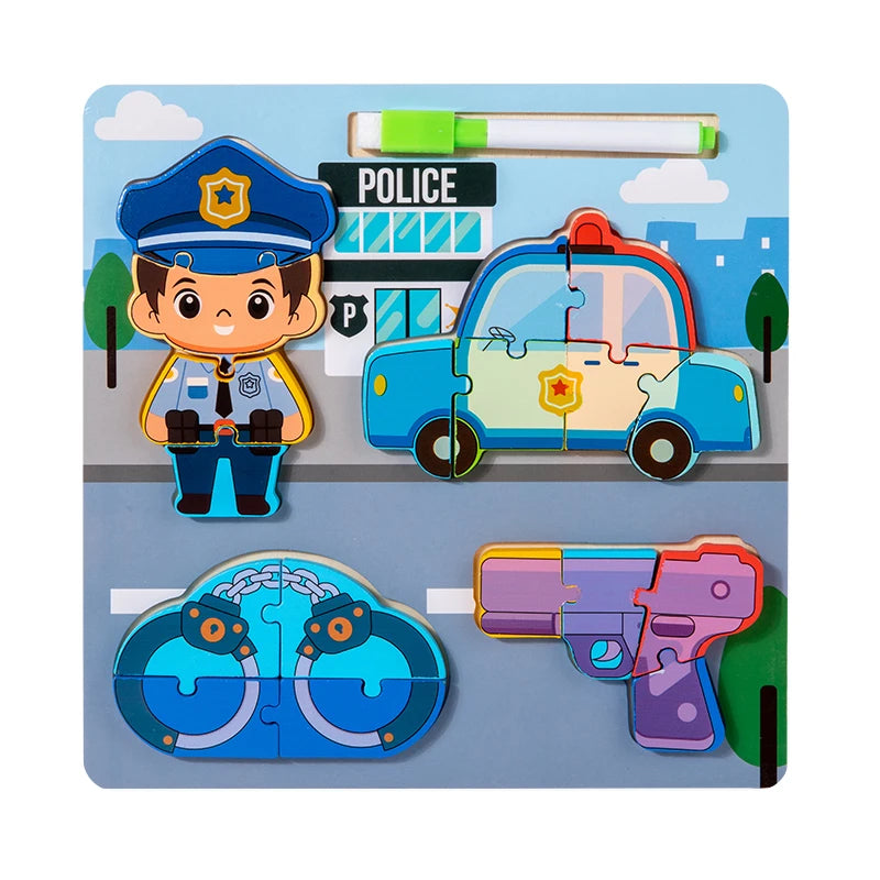 New Cpc Ce Kids Cartoon Police 3D Wooden Puzzle Board Toy Educational Matching Blocks Drawing Board Puzzle Toy