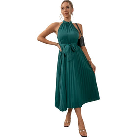 Women Summer Strap Halterneck Dresses Solid Color Fashion Loose Bouffant Pleated Belt Simple Casual Long Dress