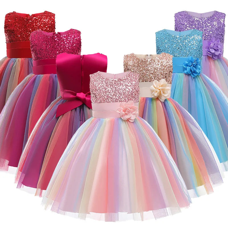 Girl Sequin Rainbow Tulle Wedding Party Dress Bridesmaid Birthday Pageant Ball Gowns Colorful Sleeveless Dress