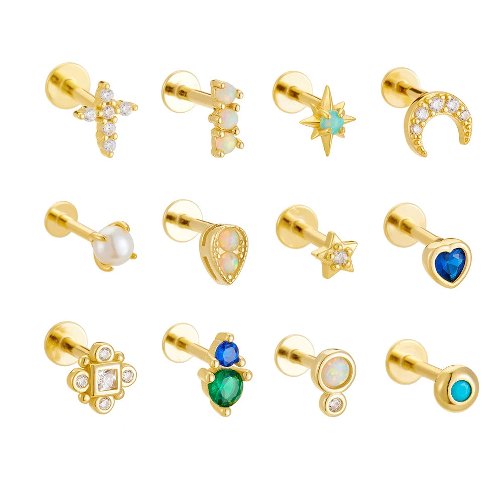 Fashion 925 Sterling Silver CZ Pearl Opal Flat Head Thread Cross Heart Moon Star Labret Nose Ear Body Piercing Jewelry Earrings
