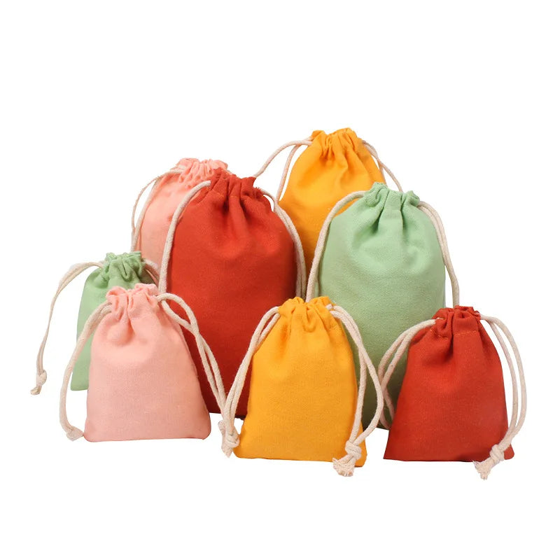 9*12cm Custom Logo Personalized Colorful Pink Green Canvas Cotton Gift Pouch Double String Drawstring Shopping Bag