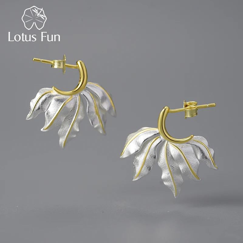Lotus Fun Wholesale Handmade Luxury 925 Sterling Silver 18k Gold Plated Leaf Hoop Earring Original Design Fine Jewelry for Women