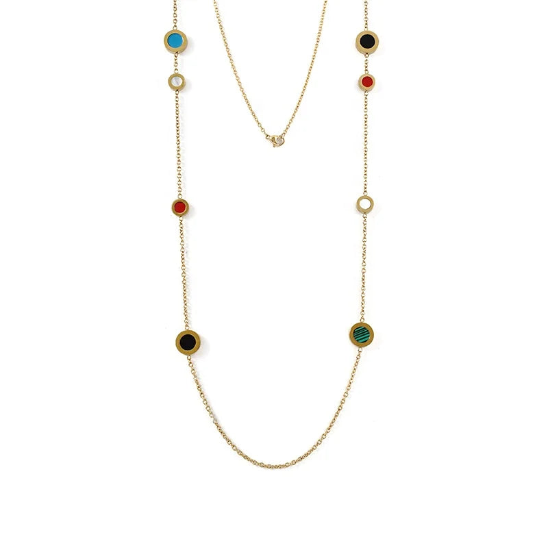Latest 18K Gold Plated Stainless Steel Jewelry Long Chain Round Colorful Resin Shell Malachite Charm Pendant Necklaces P223334