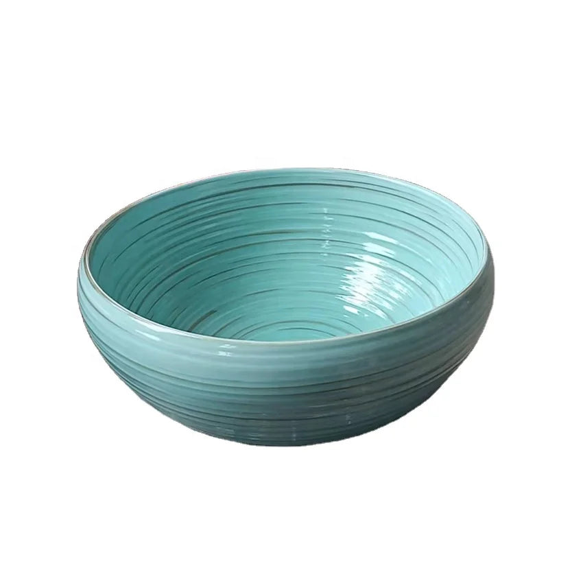 Jingdezhen Artistic Contemporary Round Ceramic Blue Wash Basin with Brown Strips Water Resistant Eco-Friendly Countertop Mounted