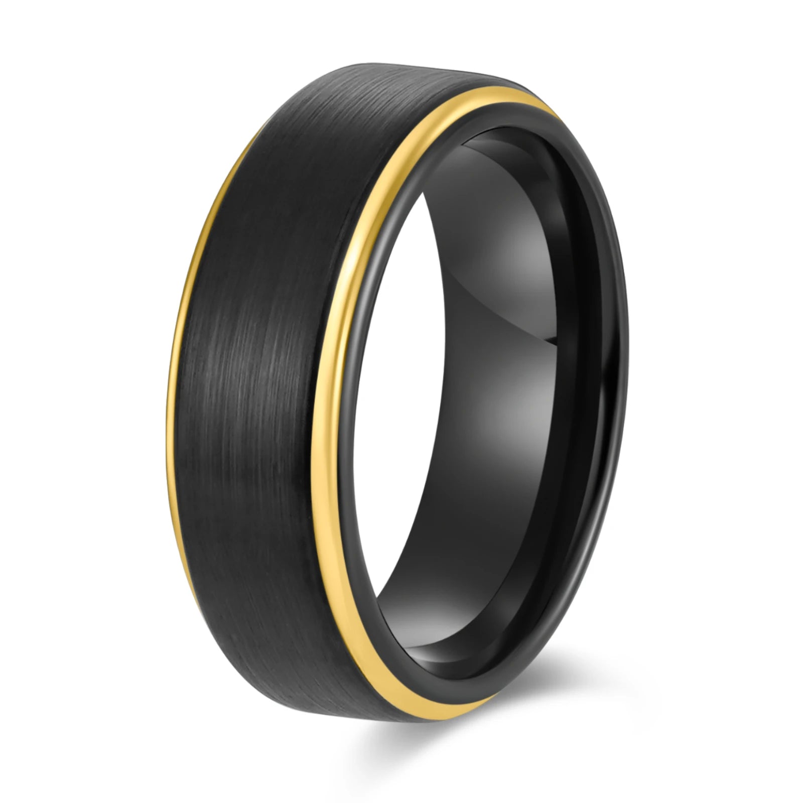 POYA Jewelry Black Brushed Gold Edge Classic Tungsten Rings Mens Black Wedding Bands for Men