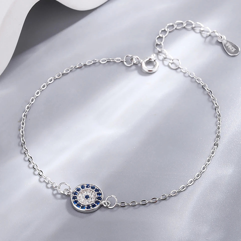 Fine 925 Sterling Silver Evil Eye Charm Women Dainty CZ Diamond Blue Eye Bracelet for Gift