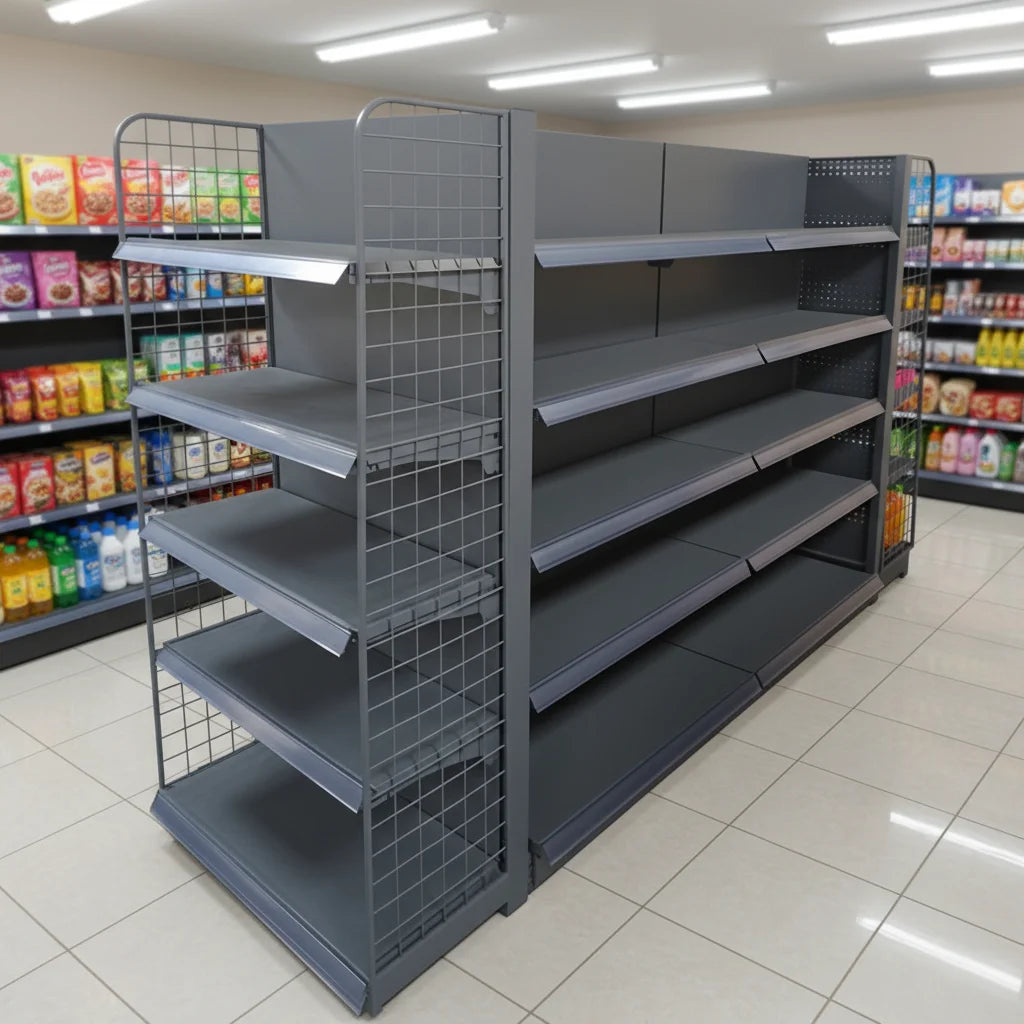 Heavy Duty Steel Supermarket Storage Rack Epoxy Powder Coating Freestanding Single-Sided Solid Shelf Convenience Store Grocery MegaBDM