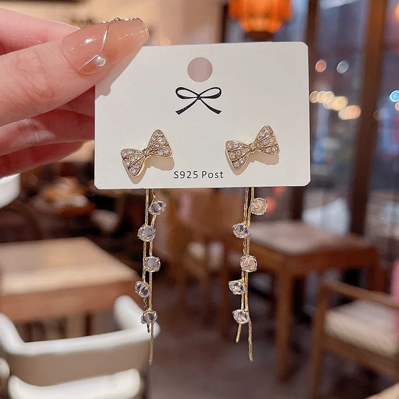 Exquisite Long Tassel Crystal Earrings Ins Fashionable Diamond-encrusted Bow Earrings
