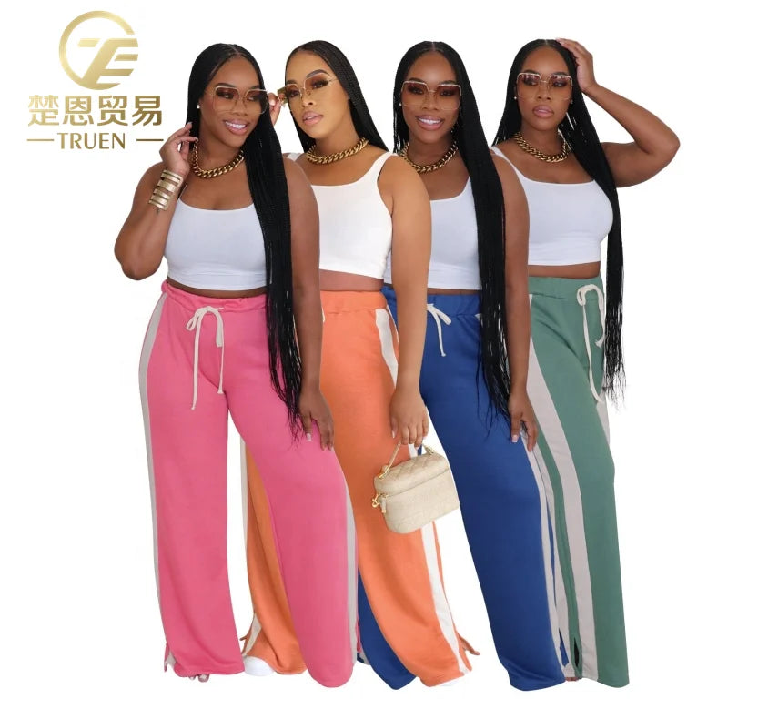 Hot Selling 2024 Women's Casual Streetwear Pants Loose Fit Double Striped Trousers with Elastic Waist Closure for Spring Season
