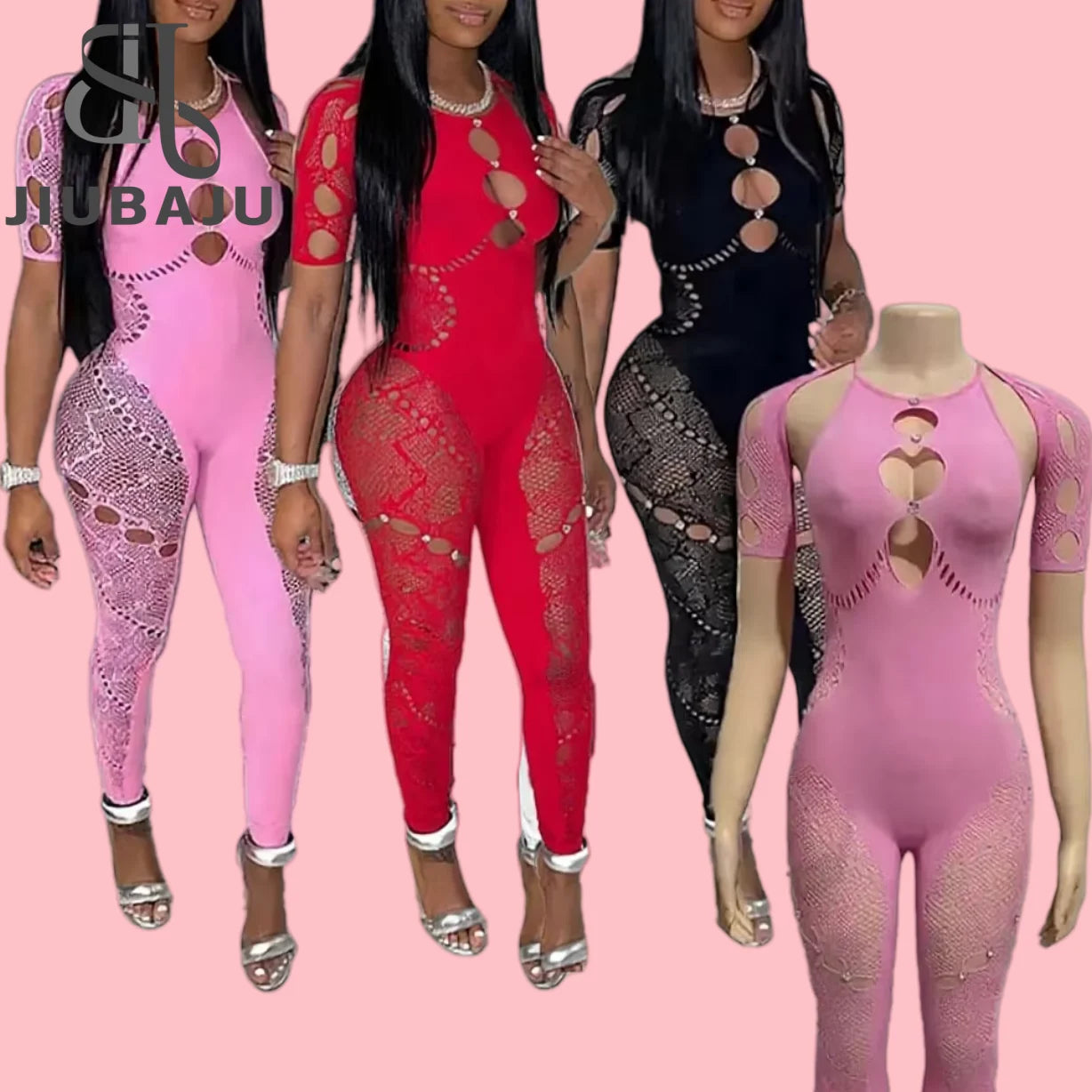 Lace Hollow Out Short Sleeve Women's Jumpsuit With Rhinestone Summer Cut Out Sheer Rompers