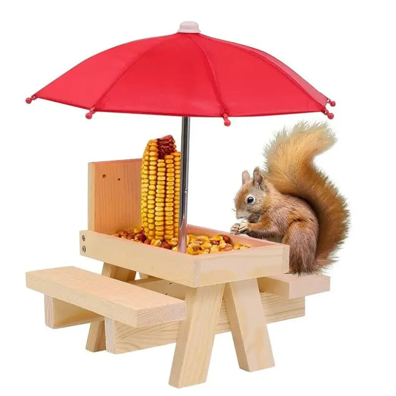 Sturdy Wooden Squirrel Feeding Station Umbrella-Mounted Tray Simple Installation Tabletop Bowl for Nuts Corn Husks for Peanuts
