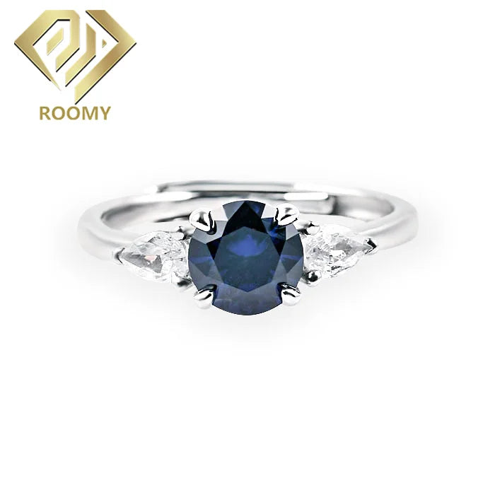 925 Sterling Silver Ring With Created Blue Sapphire and White Cubic Zirconia 3 Stone Engagement Rings for Women