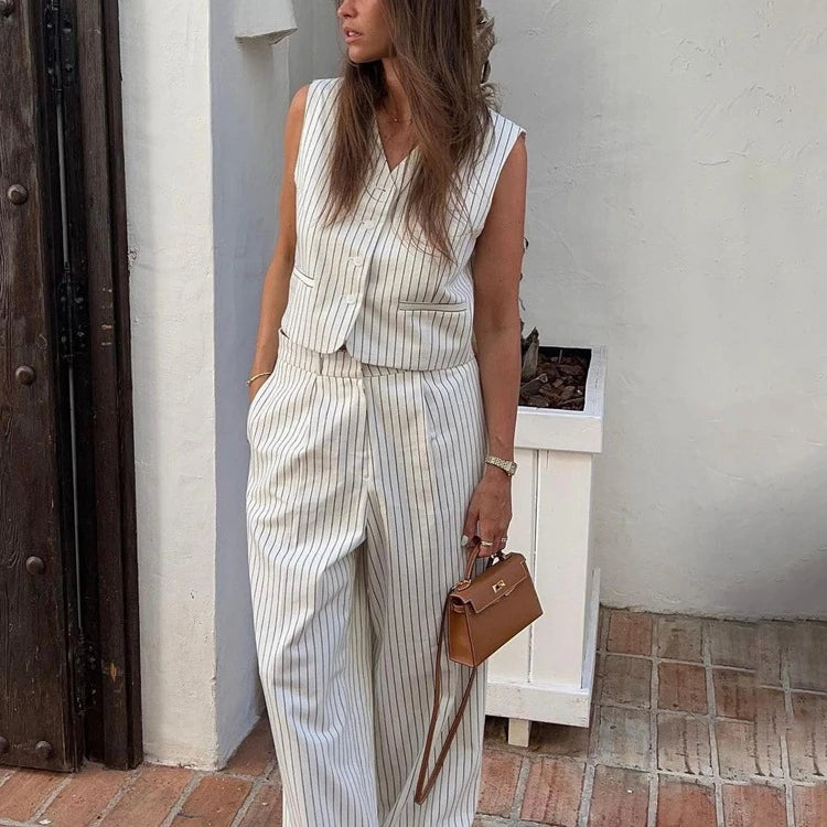 Enyami Custom Style Strapless Streetwear Office Casual Matching Suits Cropped Sleeve Outfits Suit Knitted Stripe 2 Piece Set