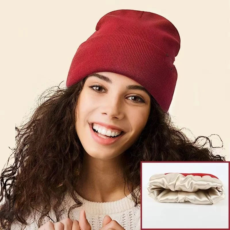 Pink Winter Knitted Girls Custom Embroidery logo Hats Satin Lined Beanie Custom logo