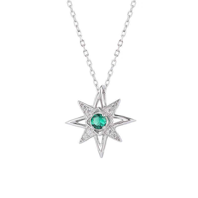 Quick Shipping Double Four Pointed Star Shape Pendant Necklace 925 Sterling Silver Emerald Cubic Zirconia Women Necklace