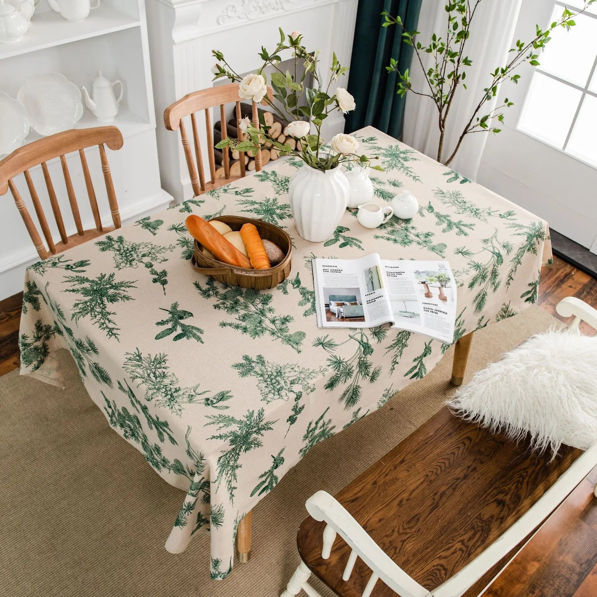 Ychon Green Pine Tree Printed Tablecloth Rectangular Tablecloths Customizable Cotton Linen Table Cloths Dustproof Table Cloth