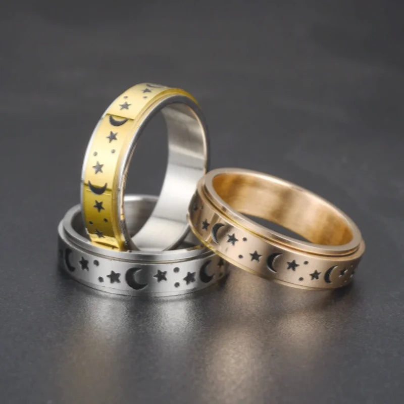 Fashion Explosion Rotating Stars Moon Couple Ring Female Wedding Commitment Holiday Jewelry Accessories Decompression Ring