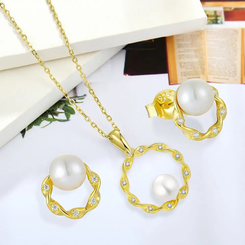 2026 New Arrival Sun 2 Set 18K Gold Plated White Pearl Fine Jewelry for Women Pearl S925 Silver Jewelry Earrings Necklace